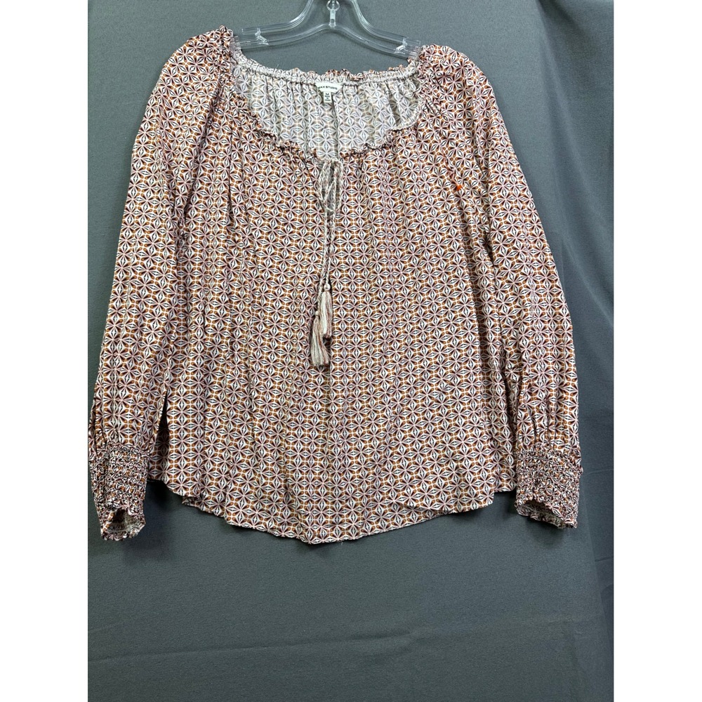 Max Studio Women Medium Geometric Floral Peasant Blouse Tassel Tie Smocked Cuff - Picture 11 of 12